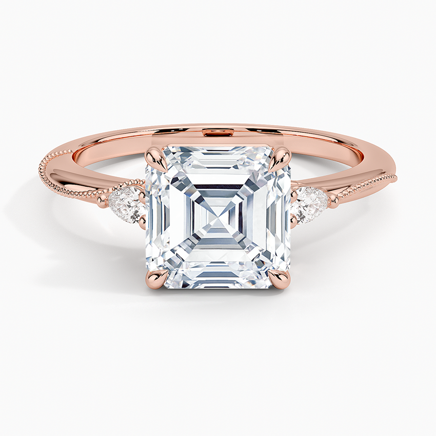 Camellia Three Stone Pear Diamond Ring - Asscher Cut Center Stone