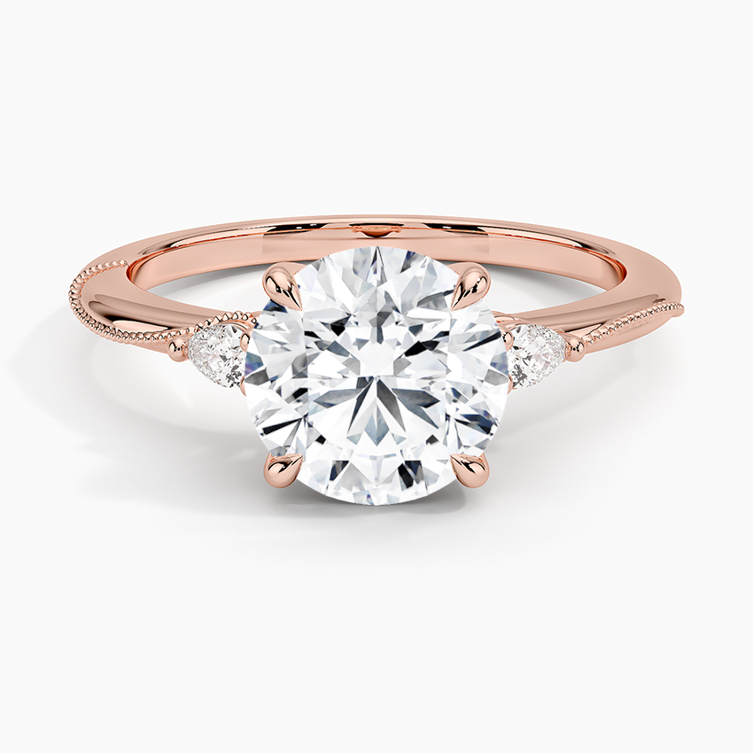 Camellia Three Stone Pear Diamond Ring - Round Center Stone