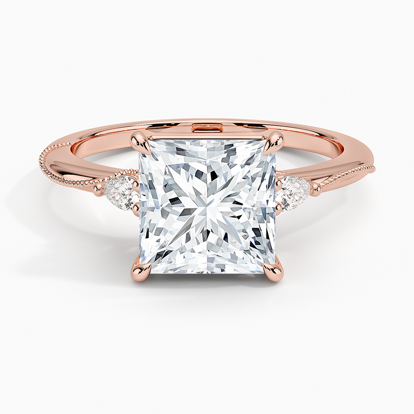 Camellia Three Stone Pear Diamond Ring - Princess Cut Center Stone