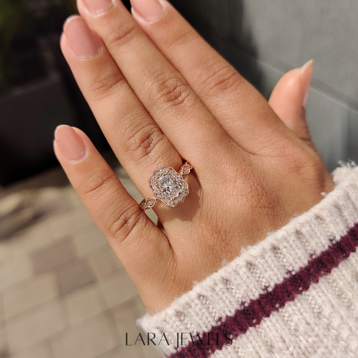 Lab grown radiant engagement ring in Milgrain Vintage Style, available in Silver. IGI certified, ethically sourced, handcrafted at Lara Jewels.