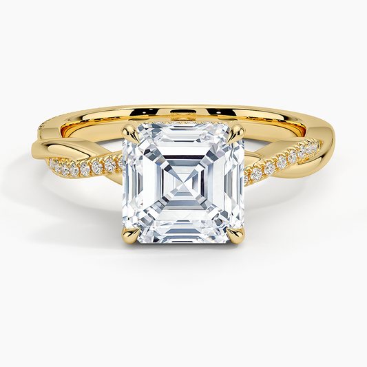 Petite Twisted Vine Hidden Halo Pavé Diamond Ring - Asscher Cut Center Stone