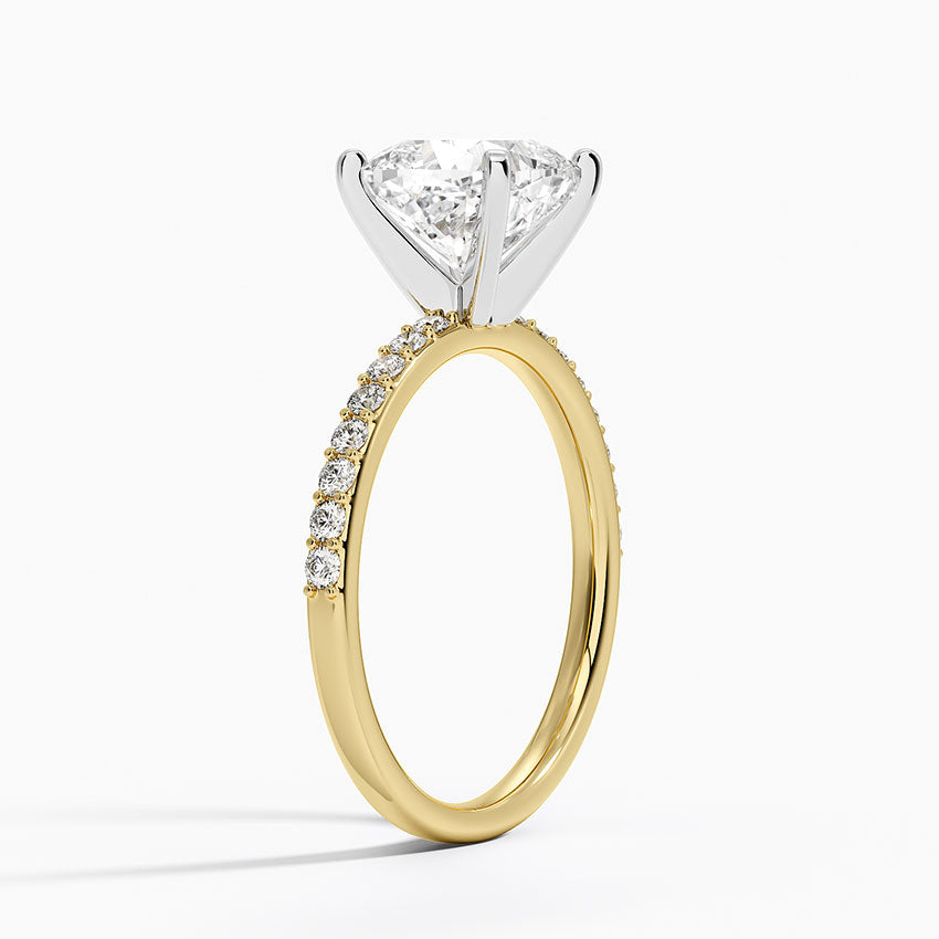 Petite Shared Prong Half Coverage Diamond Ring - Cushion Cut Center Stone