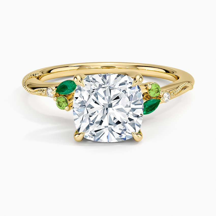 Camellia Milgrain Green Gemstone and Diamond Ring - Cushion Cut Center Stone
