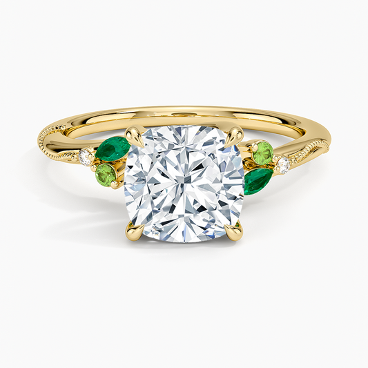 Camellia Milgrain Green Gemstone and Diamond Ring - Cushion Cut Center Stone