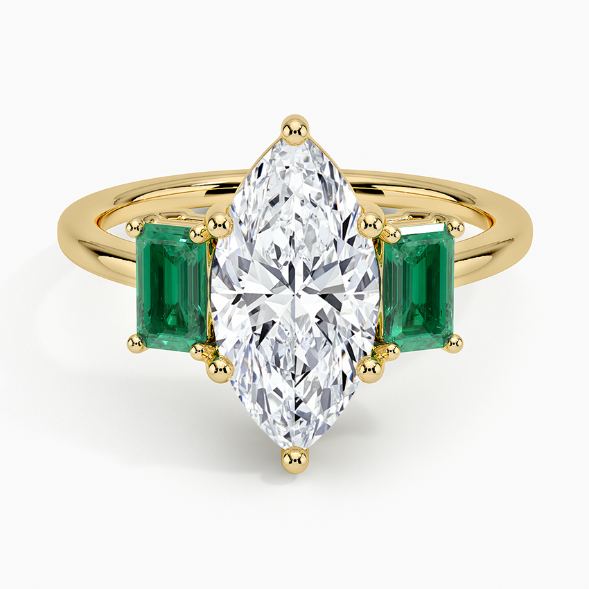 Luxe Rhiannon Three Stone Lab Emerald Ring - Marquise Cut Center Stone