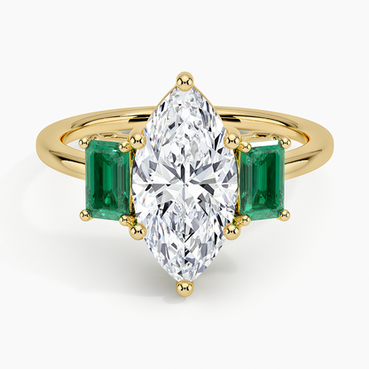 Luxe Rhiannon Three Stone Lab Emerald Ring - Marquise Cut Center Stone