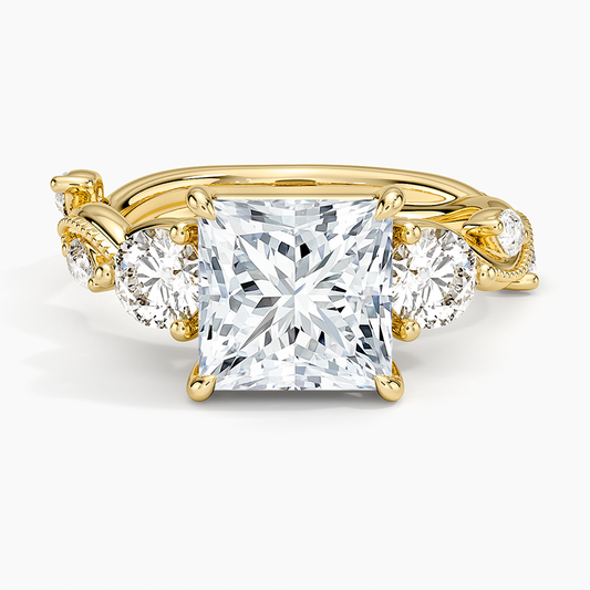 Vintage Secret Garden Three Stone Diamond Ring - Princess Cut Center Stone