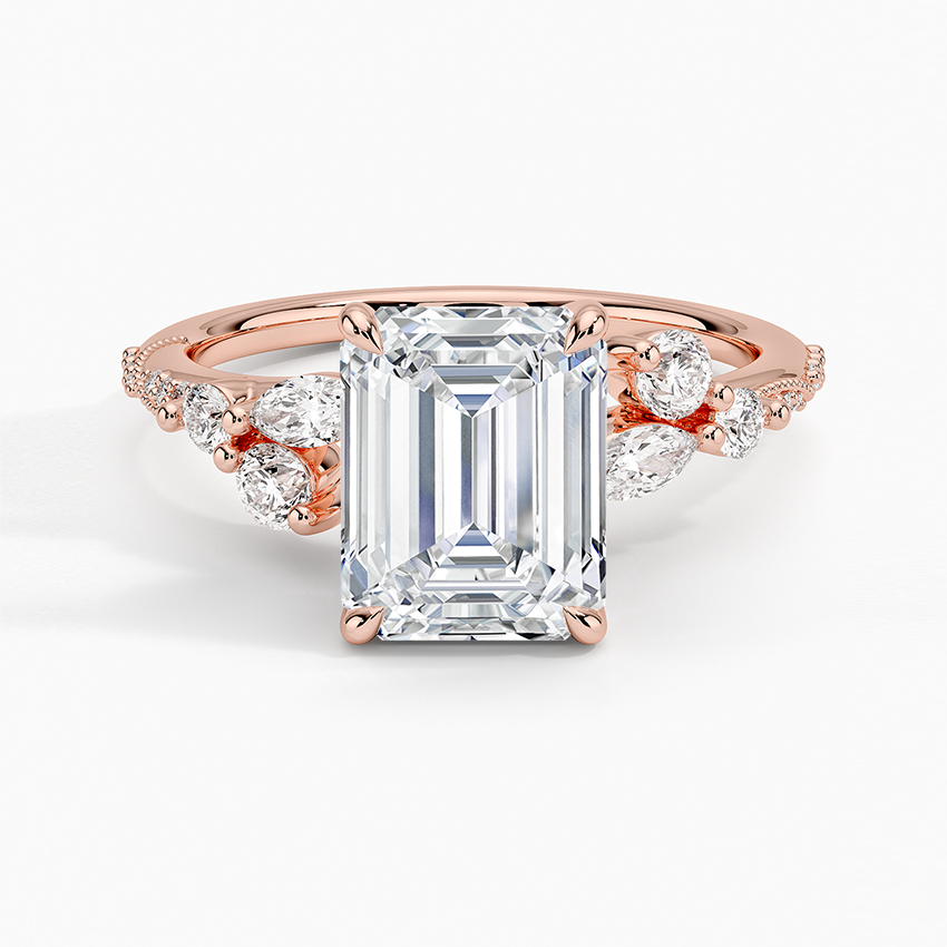 Luxe Camellia Milgrain Diamond Ring - Emerald Cut Center Stone