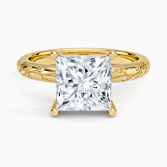 Verdure Engraved Diamond Solitaire Ring - Princess Cut Center Stone