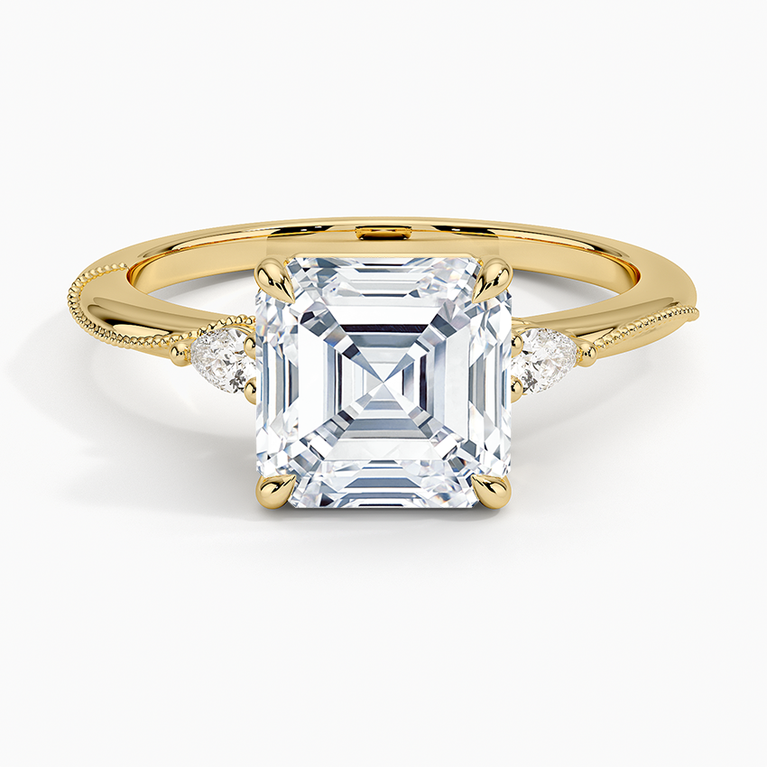 Camellia Three Stone Pear Diamond Ring - Asscher Cut Center Stone