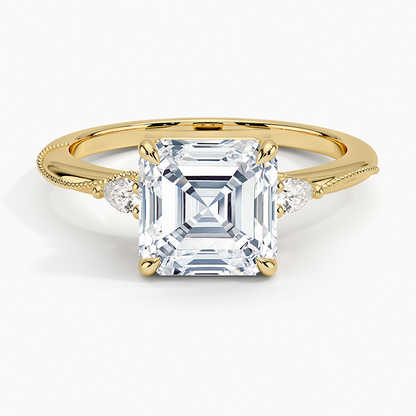 Camellia Three Stone Pear Diamond Ring - Asscher Cut Center Stone