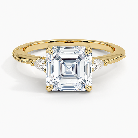 Camellia Three Stone Pear Diamond Ring - Asscher Cut Center Stone