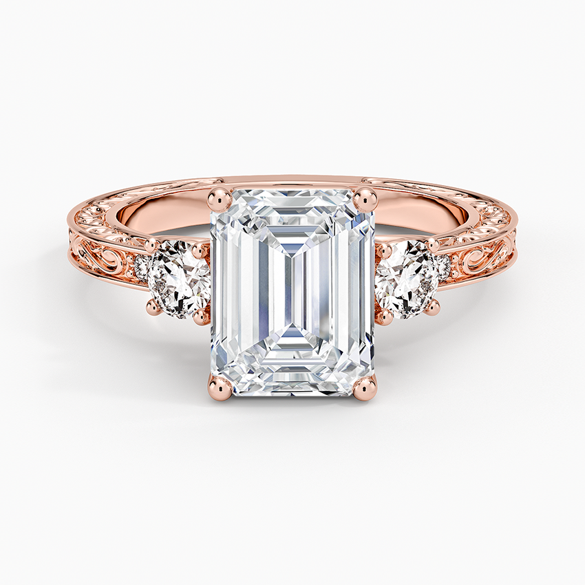 Antique Scroll Engraved Three Stone Diamond Ring (1/3 ct. tw.) - Emerald Cut Center Stone