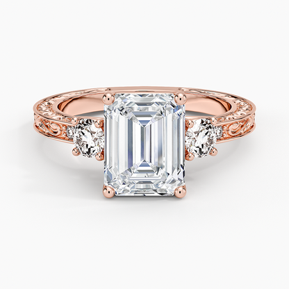 Antique Scroll Engraved Three Stone Diamond Ring (1/3 ct. tw.) - Emerald Cut Center Stone