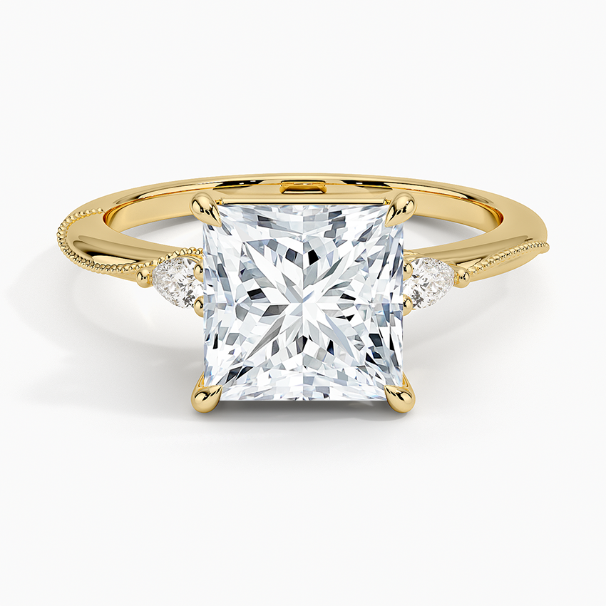 Camellia Three Stone Pear Diamond Ring - Princess Cut Center Stone