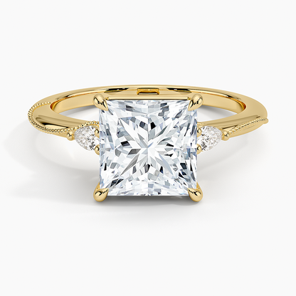 Camellia Three Stone Pear Diamond Ring - Princess Cut Center Stone