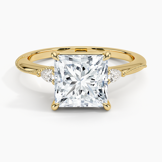 Camellia Three Stone Pear Diamond Ring - Princess Cut Center Stone