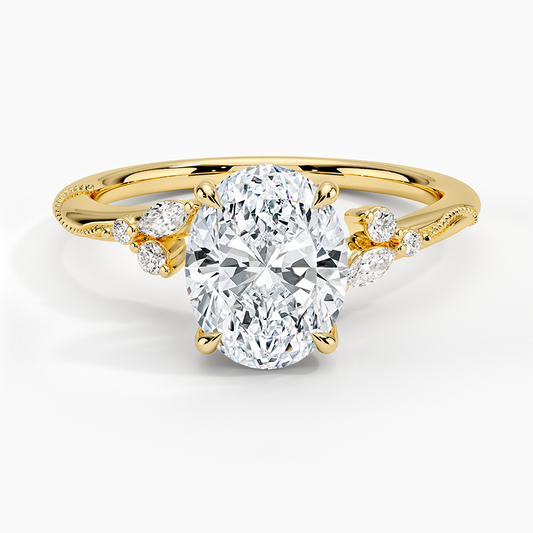 Camellia Milgrain Diamond Ring - Oval Center Stone