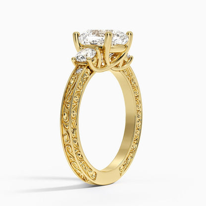 Antique Scroll Engraved Three Stone Diamond Ring (1/3 ct. tw.) - Cushion Cut Center Stone