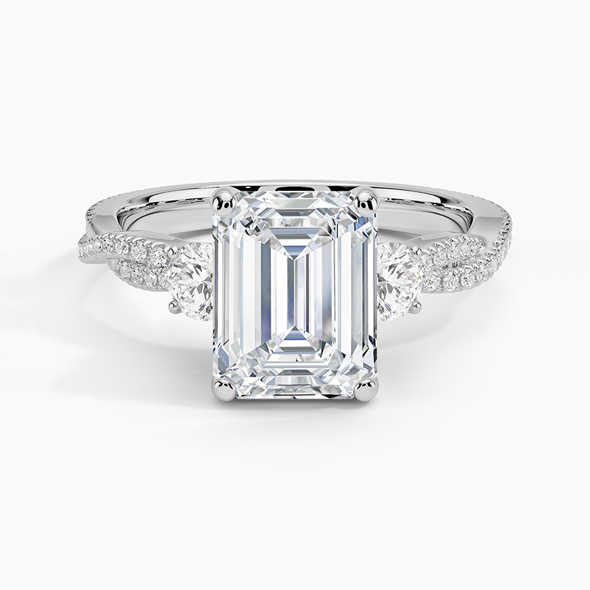 Luxe Three Stone Petite Twisted Vine Diamond Ring - Emerald Cut Center Stone