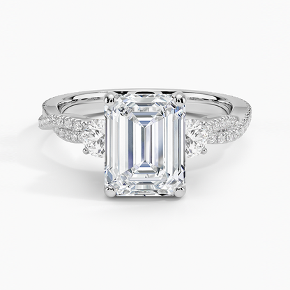 Luxe Three Stone Petite Twisted Vine Diamond Ring - Emerald Cut Center Stone