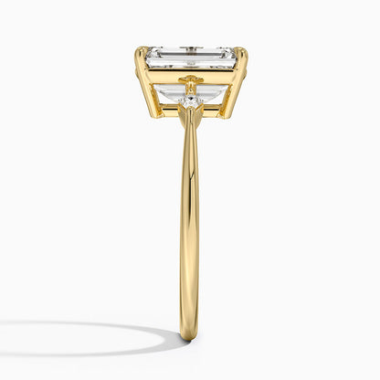 Petite Cometa Three Stone Diamond Ring - Emerald Cut Center Stone