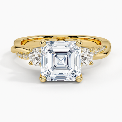 Adorned Petite Twisted Vine Three Stone Diamond Ring - Asscher Cut Center Stone