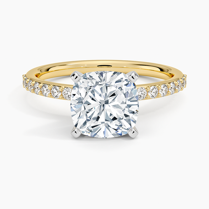Petite Shared Prong Half Coverage Diamond Ring - Cushion Cut Center Stone
