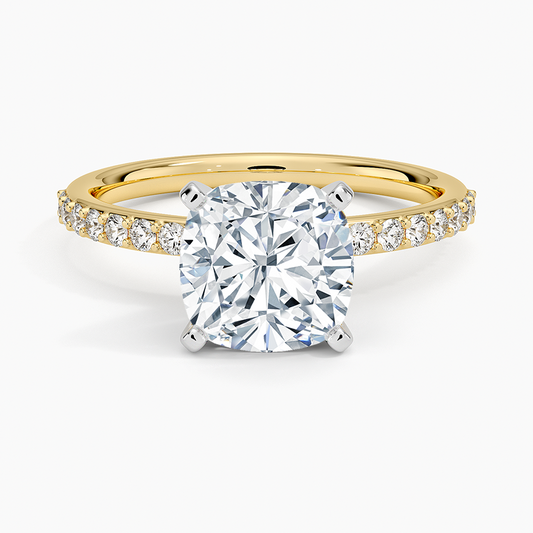 Petite Shared Prong Half Coverage Diamond Ring - Cushion Cut Center Stone