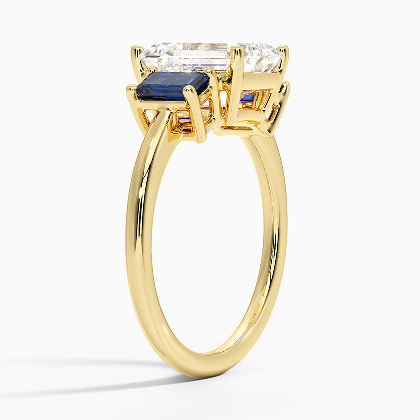 Luxe Rhiannon Three Stone Sapphire Ring - Emerald Cut Center Stone