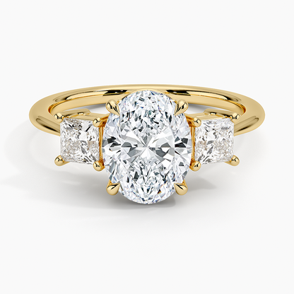 Princess Cut Three Stone Diamond Ring - Oval Cut Center Stone