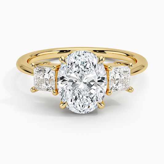 Princess Cut Three Stone Diamond Ring - Oval Cut Center Stone