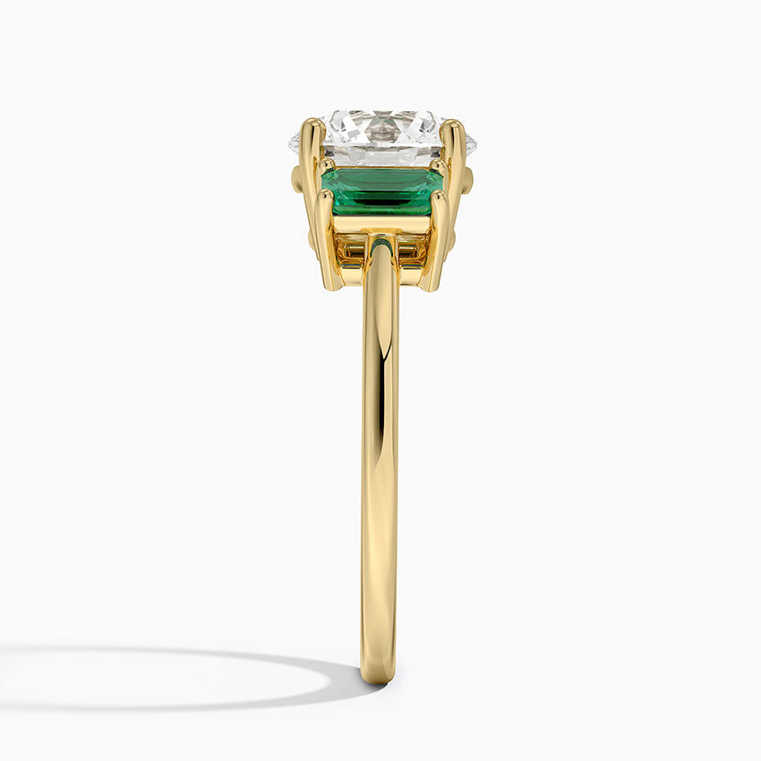 Luxe Rhiannon Three Stone Lab Emerald Ring - Round Cut Center Stone