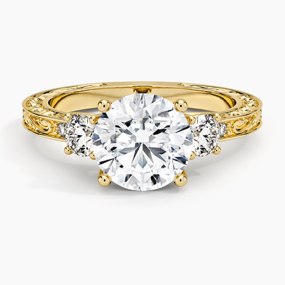 Antique Scroll Engraved Three Stone Diamond Ring (1/3 ct. tw.) - Round Center Stone