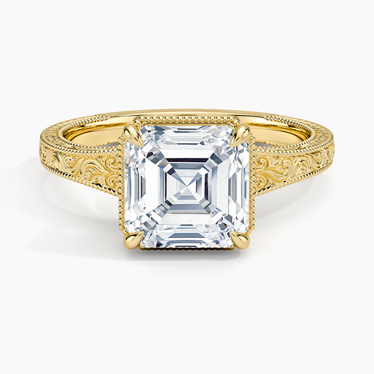 Tapered Elsie Engraved Solitaire Ring - Asscher Cut Center Stone
