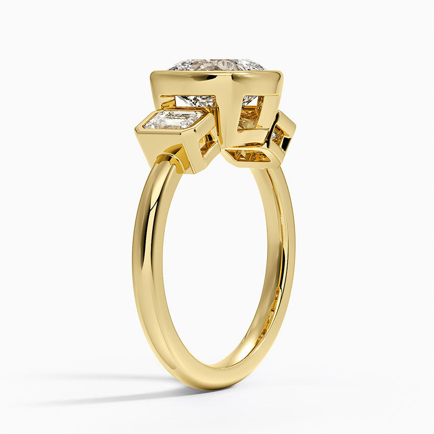 Rhiannon Bezel Three Stone Diamond Ring - Cushion Cut Center Stone