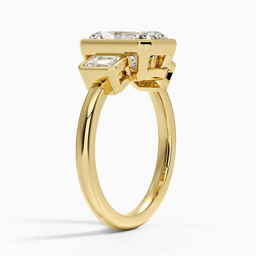 Rhiannon Bezel Three Stone Diamond Ring - Radiant Cut Center Stone