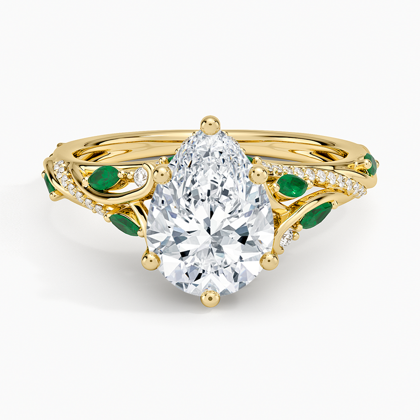 Begonia Vine Diamond and Lab Emerald Ring (1/8 ct. tw.) - Pear Cut Center Stone
