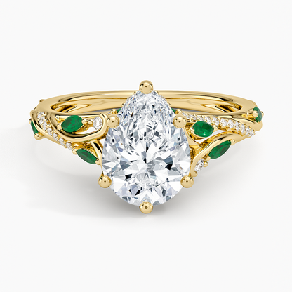 Begonia Vine Diamond and Lab Emerald Ring (1/8 ct. tw.) - Pear Cut Center Stone