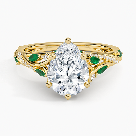 Begonia Vine Diamond and Lab Emerald Ring (1/8 ct. tw.) - Pear Cut Center Stone