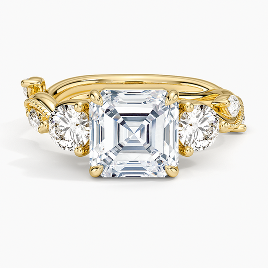 Vintage Secret Garden Three Stone Diamond Ring - Asscher Cut Center Stone