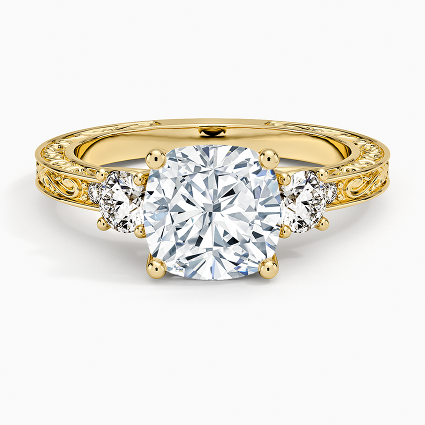 Antique Scroll Engraved Three Stone Diamond Ring (1/3 ct. tw.) - Cushion Cut Center Stone