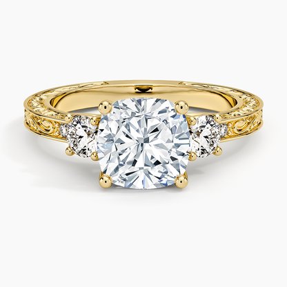 Antique Scroll Engraved Three Stone Diamond Ring (1/3 ct. tw.) - Cushion Cut Center Stone