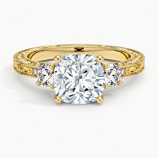 Antique Scroll Engraved Three Stone Diamond Ring (1/3 ct. tw.) - Cushion Cut Center Stone