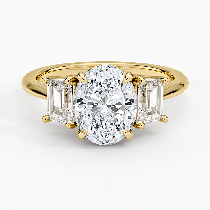 Luxe Embrace Three Stone Trapezoid Diamond Ring - Oval Cut Center Stone