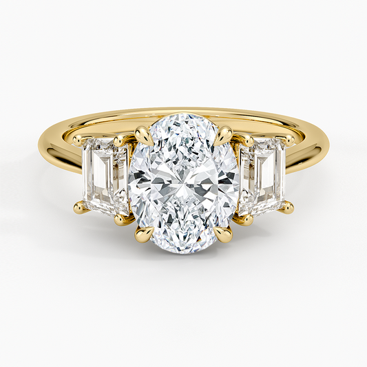 Luxe Embrace Three Stone Trapezoid Diamond Ring - Oval Cut Center Stone