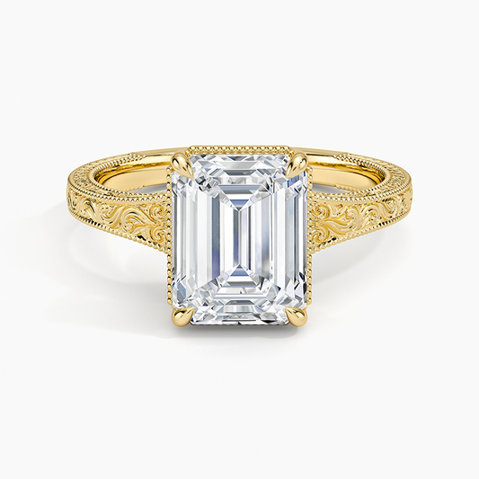 Tapered Elsie Engraved Solitaire Ring - Emerald Cut Center Stone