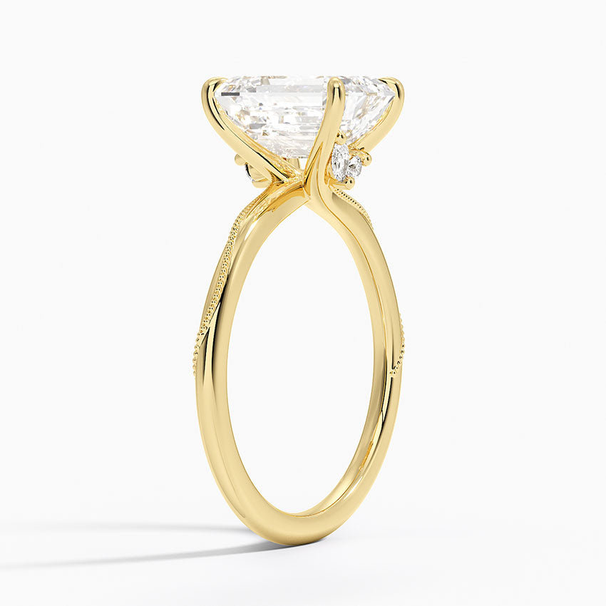Adorned Camellia Milgrain Diamond Ring - Emerald Cut Center Stone
