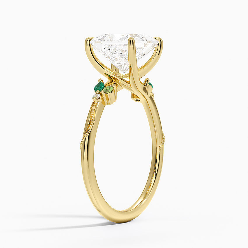 Camellia Milgrain Green Gemstone and Diamond Ring - Princess Cut Center Stone