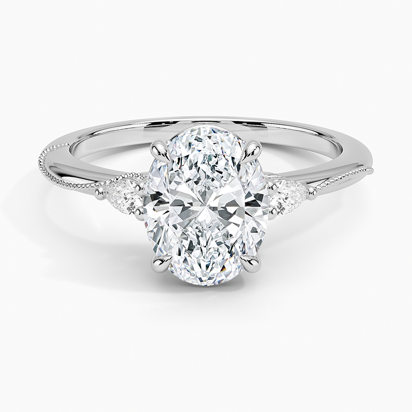 Camellia Three Stone Pear Diamond Ring - Oval Center Stone